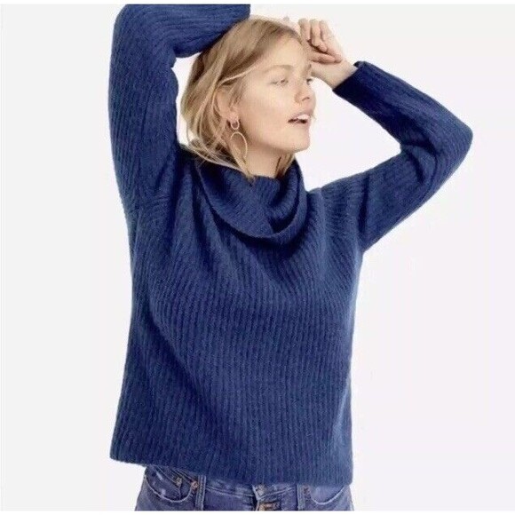 J. Crew Point Sur Sweater Womens Small Blue Mohair Wool Ribbed Chunky Turtleneck - Picture 2 of 16